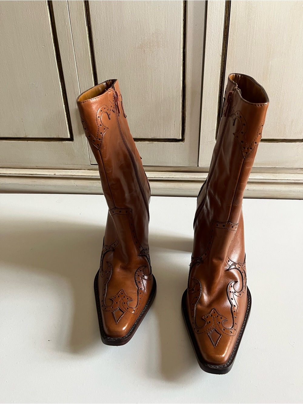 Vintage Leather Eddie Bauer Western Cowgirl boots high block heel wingtip design - Picture 9 of 12